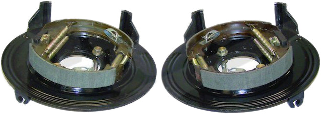 Black;MetalSemi-Metallic;Rear,Left & Right;Use Existing Hardware;w/ Dana 35 Rear Axle w/ Disc Brakes;Includes Backing Plates, Caliper Brackets, Parking Brake Shoes, Springs, and Hardware;Modifications