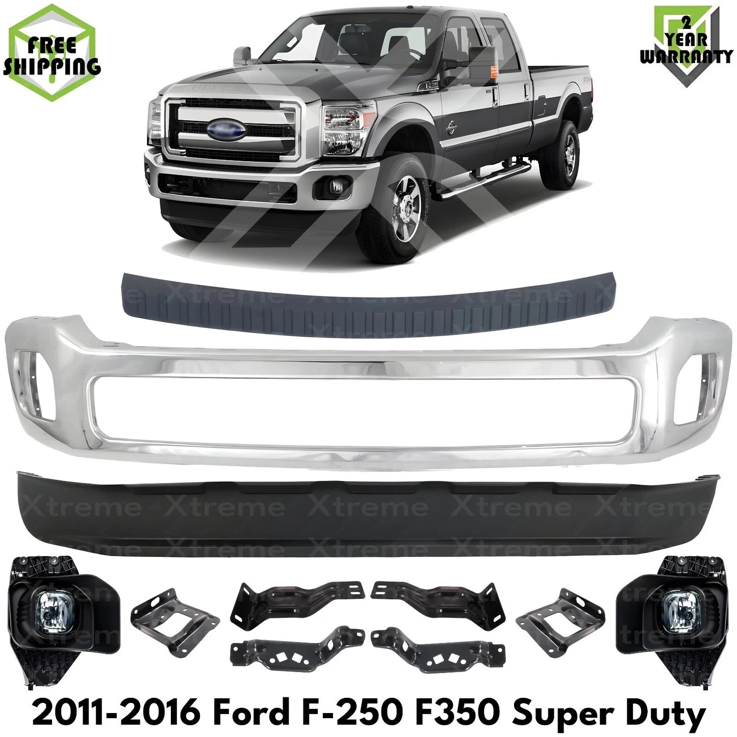 Front Bumper Chrome & Fog Lights Kit Fits 2011-2016 Ford F-250 F-350 Super Duty