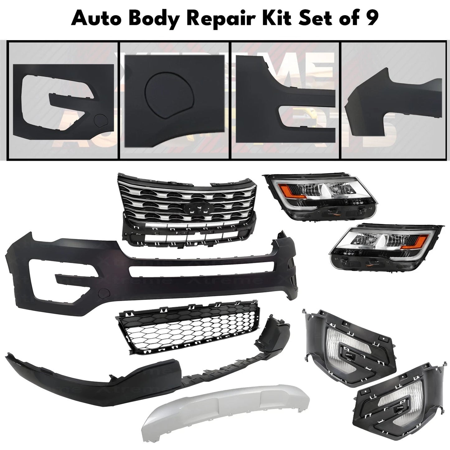 Front Bumper Cover Primed & Headlights Assembly Kit For 2016-2017 Ford Explorer
