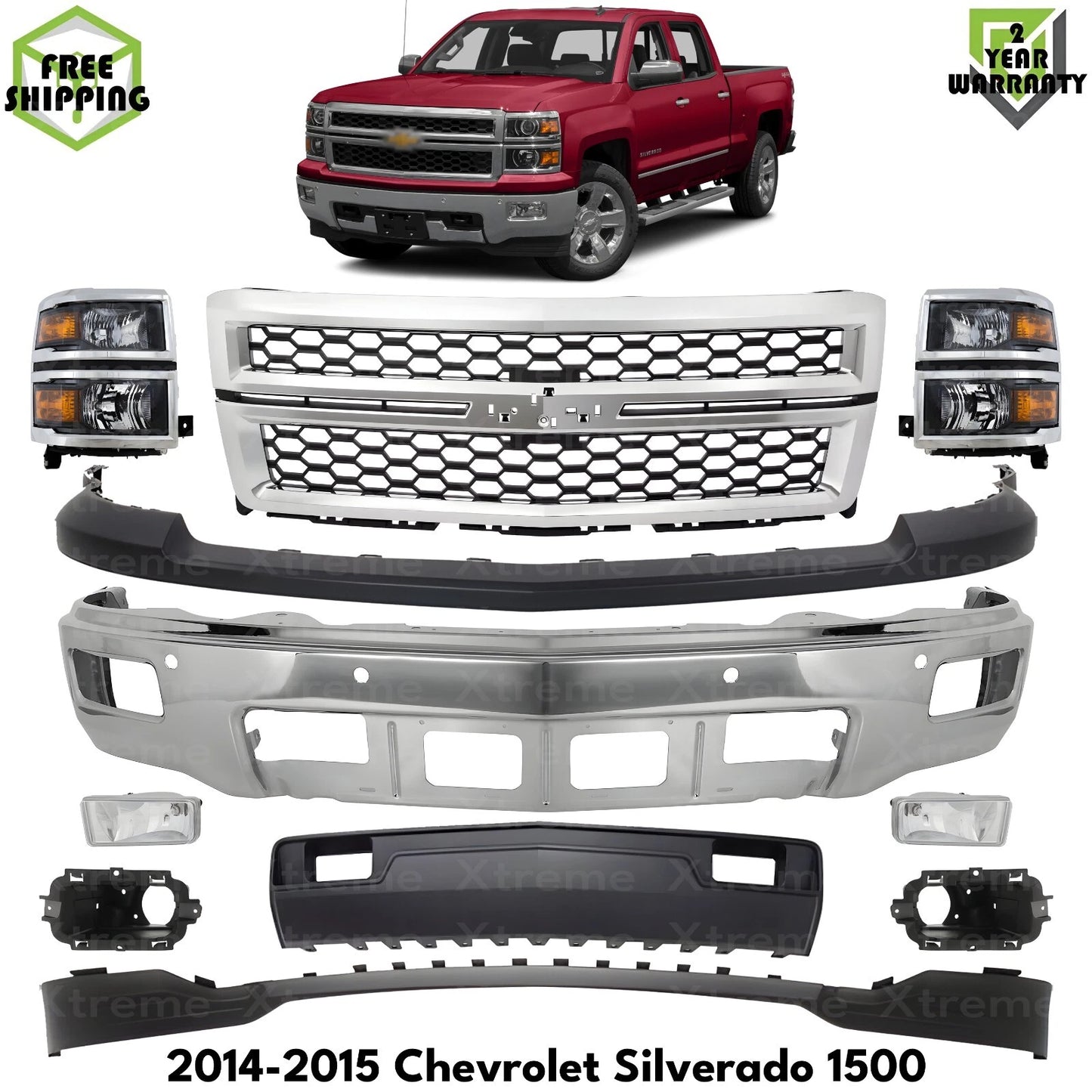 Front Bumper Chrome Steel & Headlight Kit For 2014-2015 Chevrolet Silverado 1500