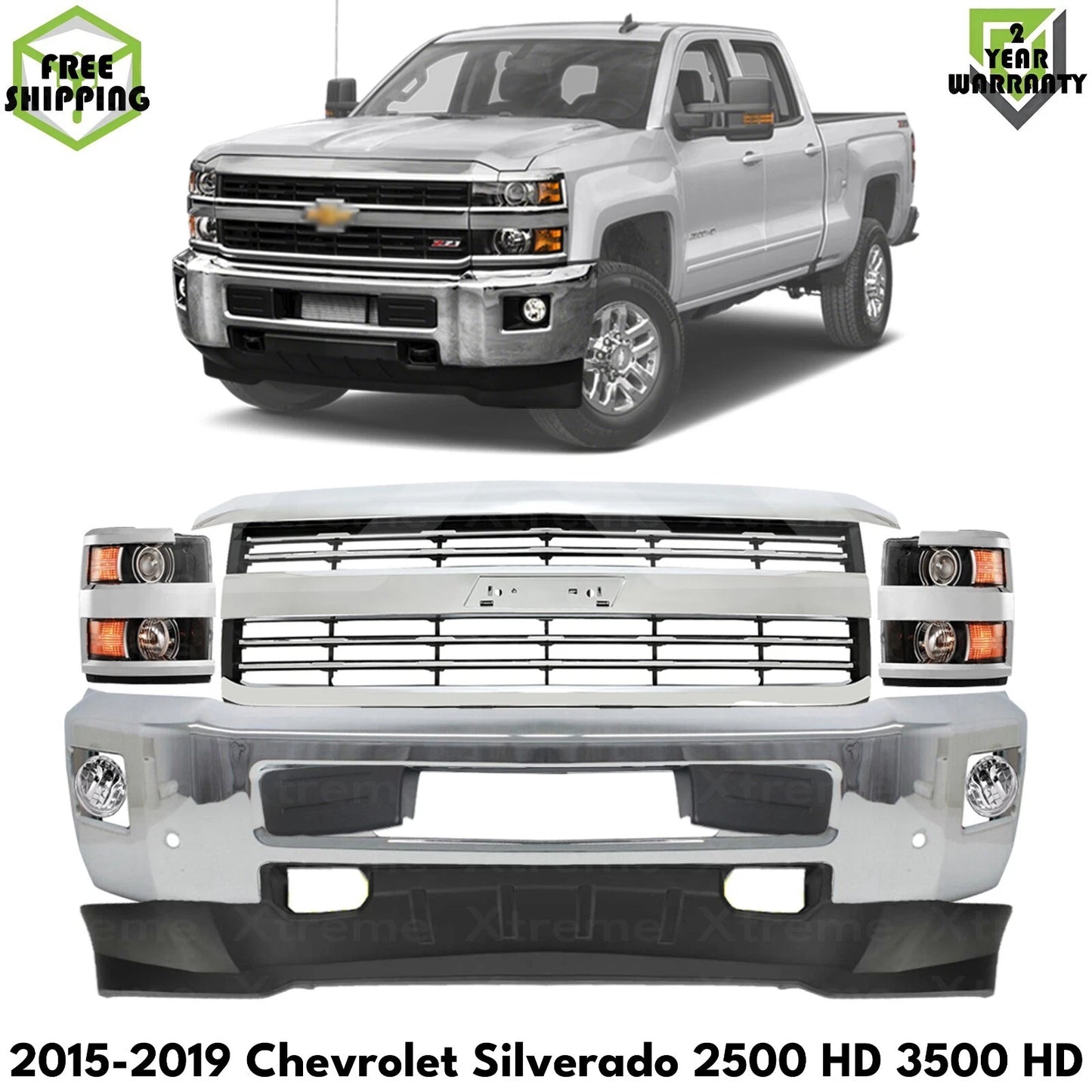 Bumper Chrome & Headlight Kit For 2015-2019 Chevrolet Silverado 2500 HD 3500 HD