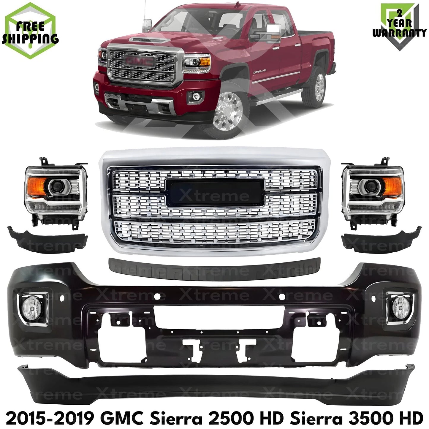 Front Bumper Paintable & Headlights Kit For 2015-2019 GMC Sierra 2500 HD 3500 HD