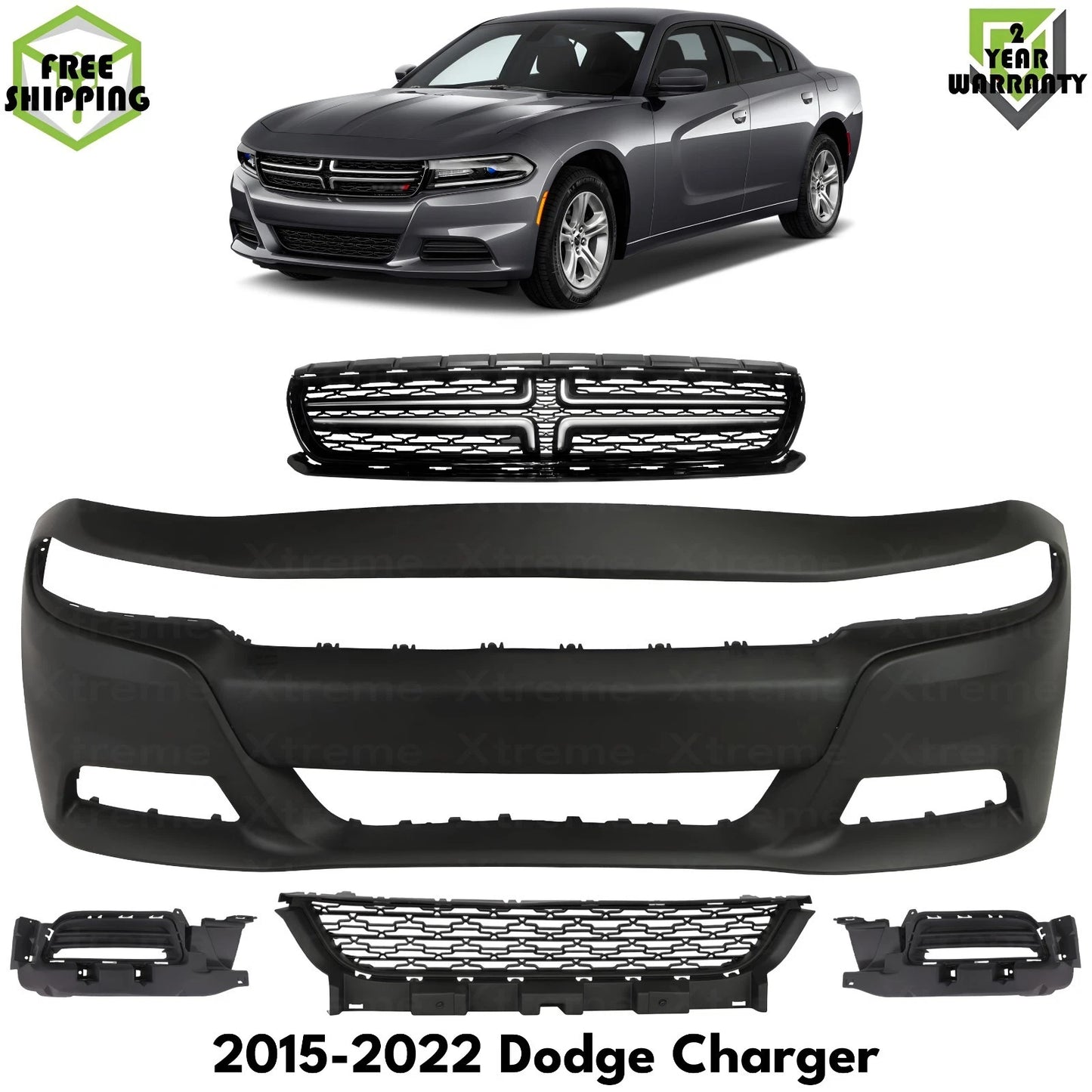Front Bumper Cover Paintable & Grille Assembly Kit Fits 2015-2022 Dodge Charger