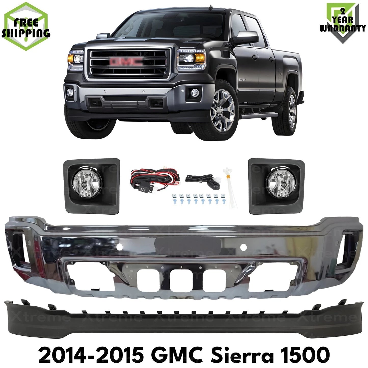 Front Bumper Chrome Steel & Fog Lights Kit Fits 2014-2015 GMC Sierra 1500