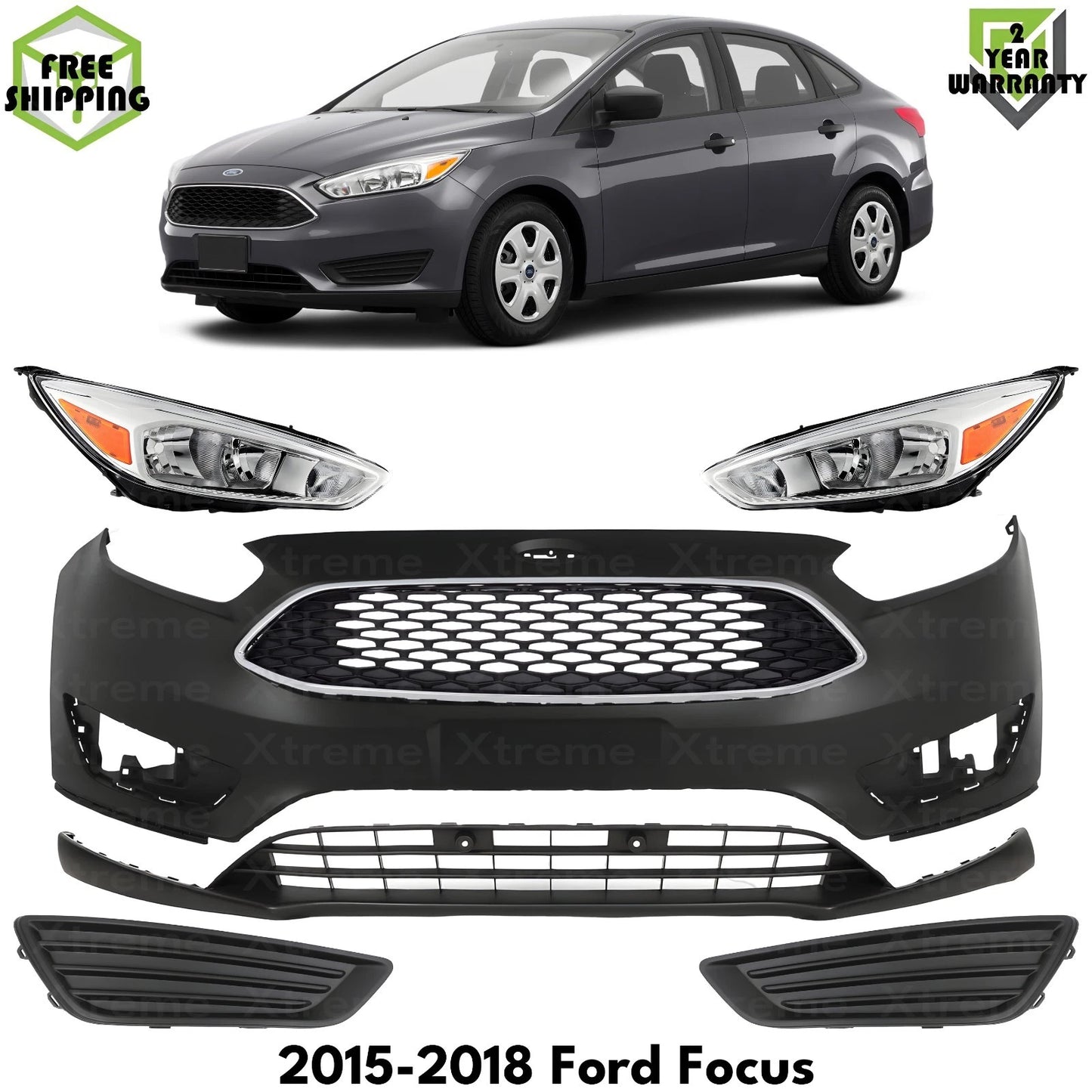 Front Bumper Cover Primed Plastic & Headlights Kit Fits 2015-2018 Ford Focus