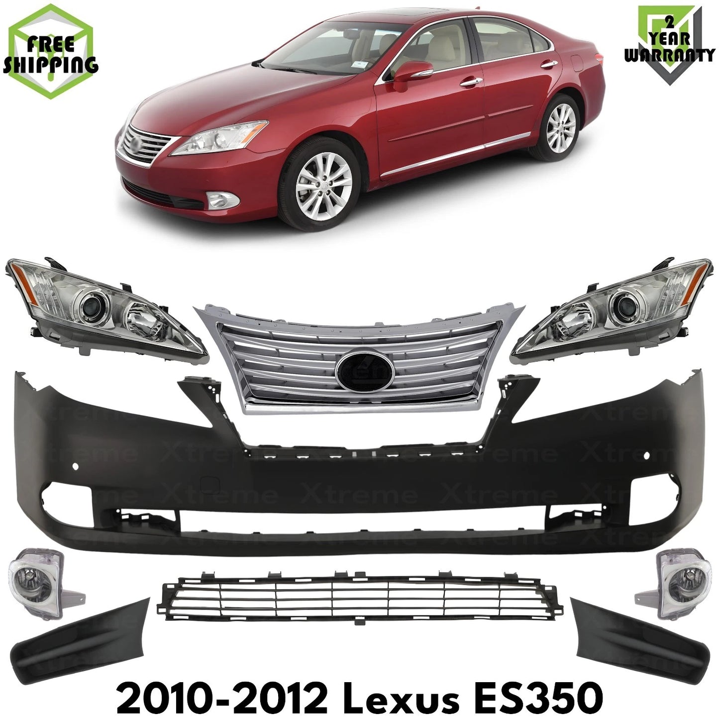Front Bumper Cover Primed Plastic & Headlights Kit Fits 2010-2012 Lexus ES350