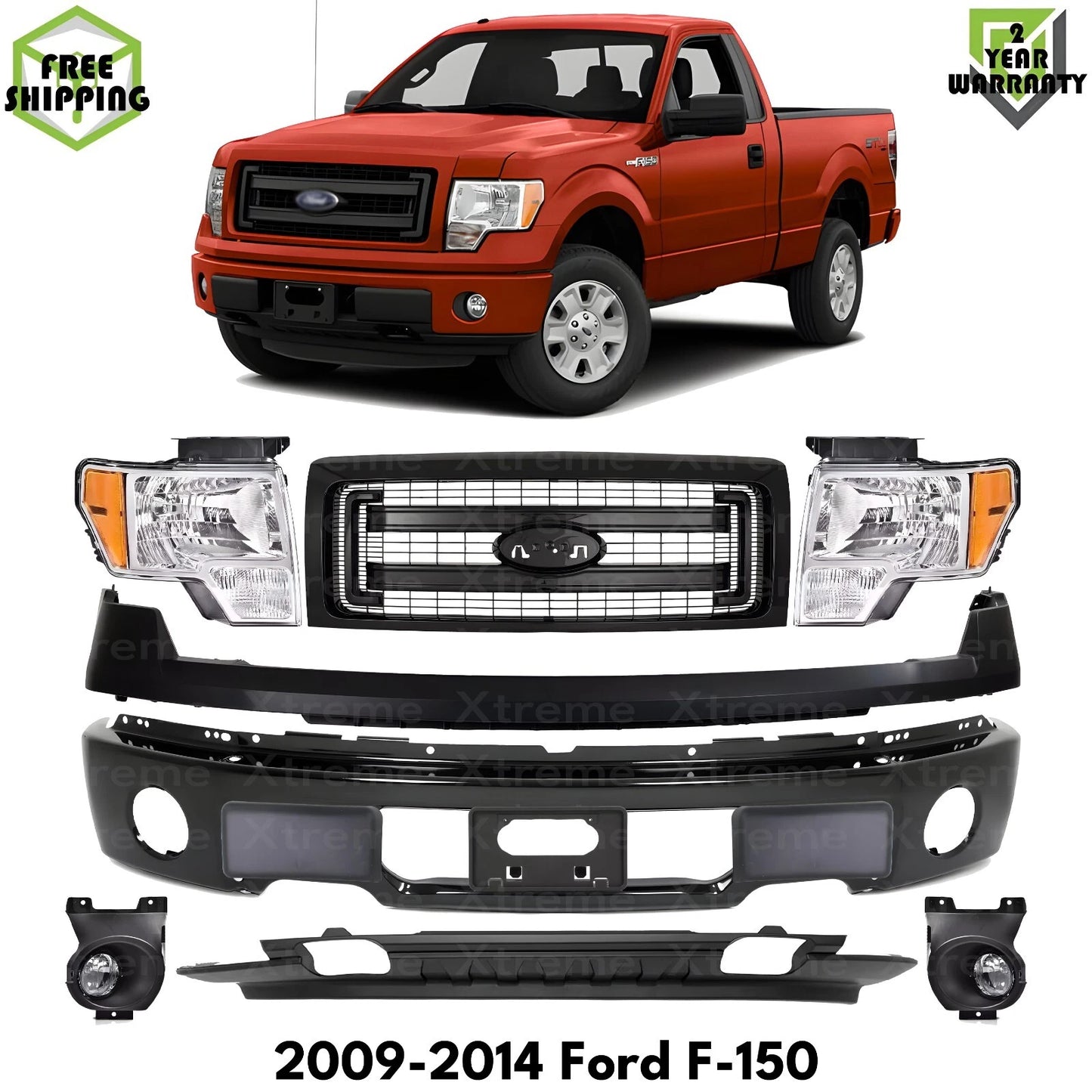 Front Bumper Primed Steel & Headlights Assembly Kit Fits 2009-2014 Ford F-150