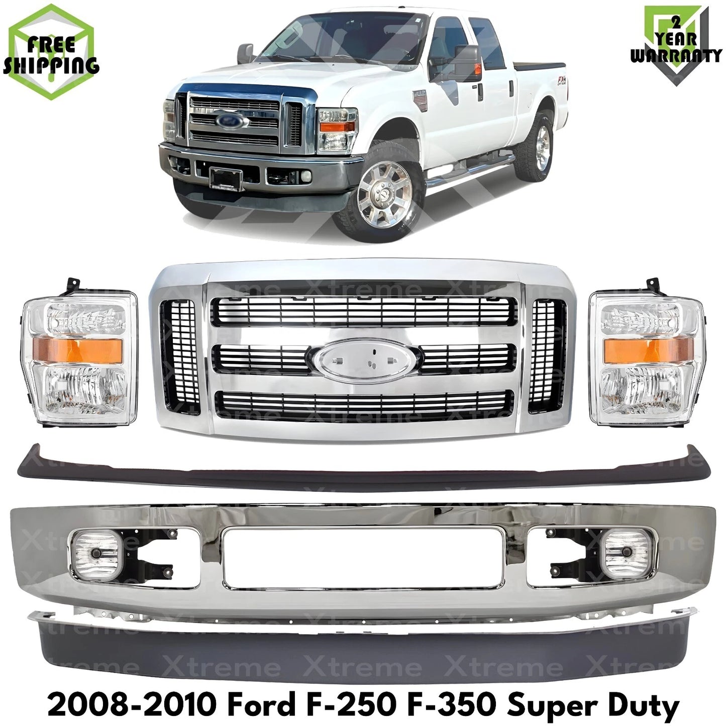 Front Bumper Chrome Steel & Headlights Fits 2008-10 Ford F-250 F-350 Super Duty