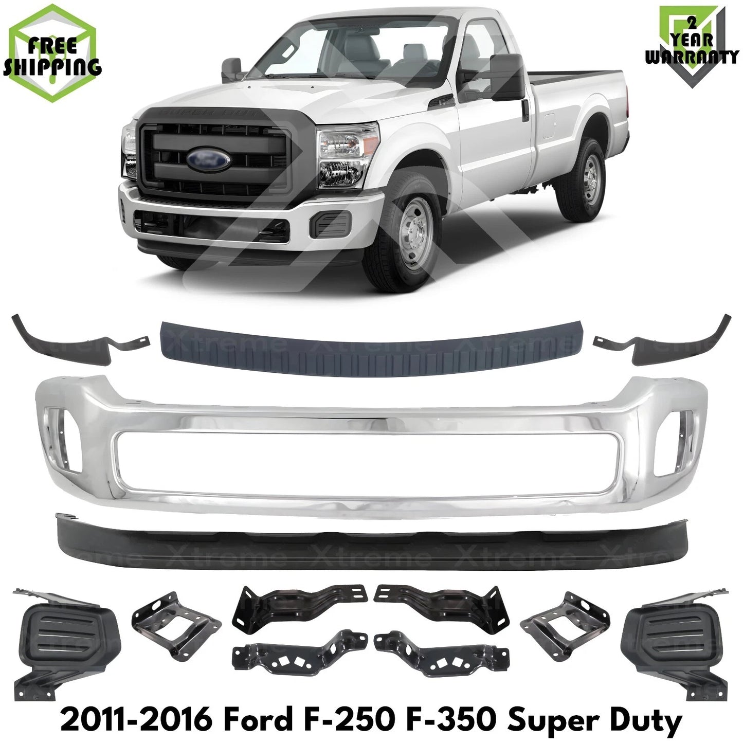 Front Bumper Chrome & Brackets Kit Fits 2011-2016 Ford F-250 F-350 Super Duty