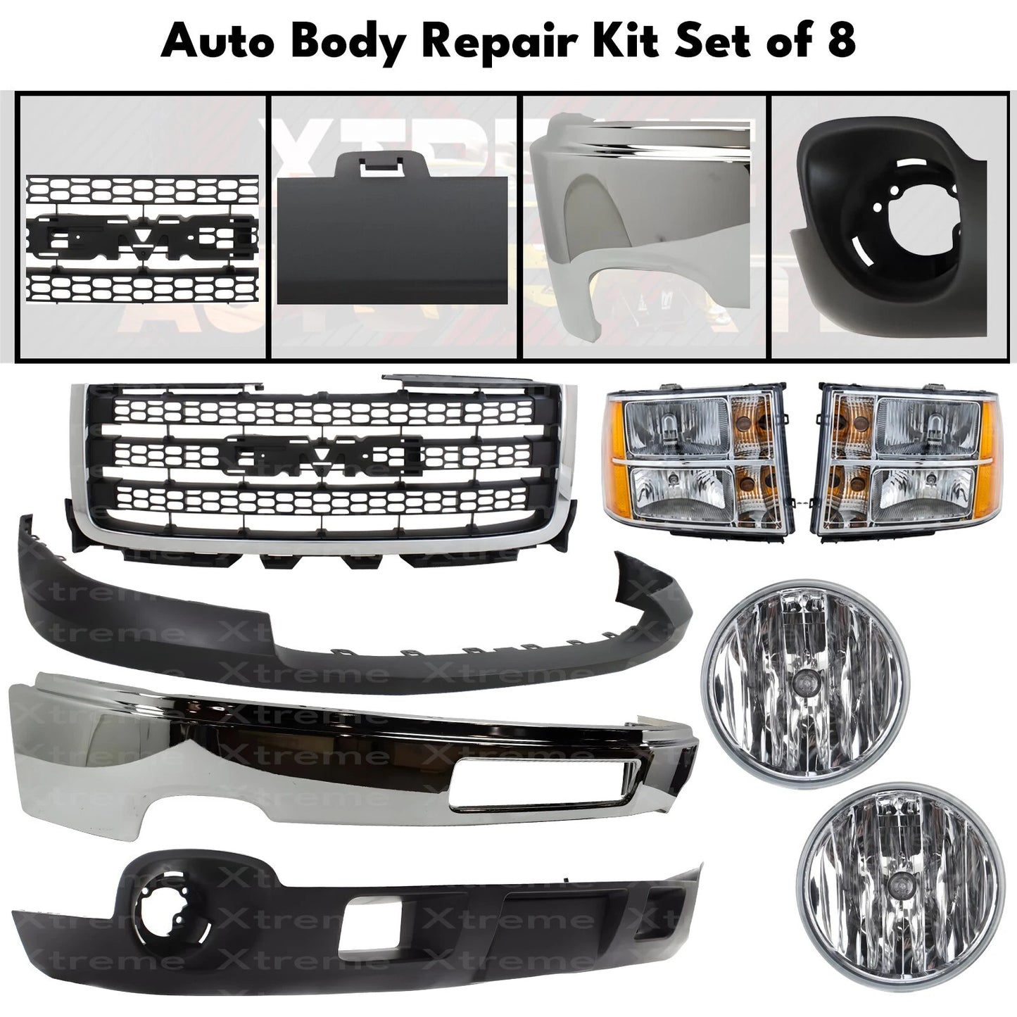 Front Bumper Chrome & Headlights Kit Fits 2011-2014 GMC Sierra 2500 HD & 3500 HD