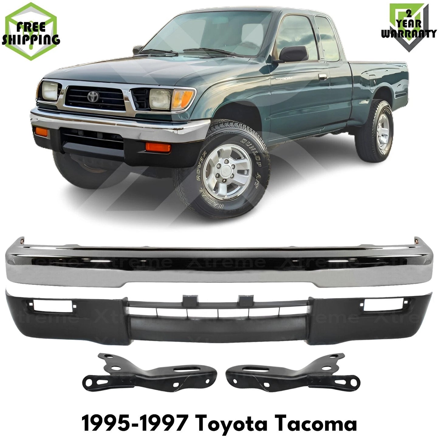 Front Bumper Chrome Steel & Bumper Brackets Kit For 1995-1997 Toyota Tacoma