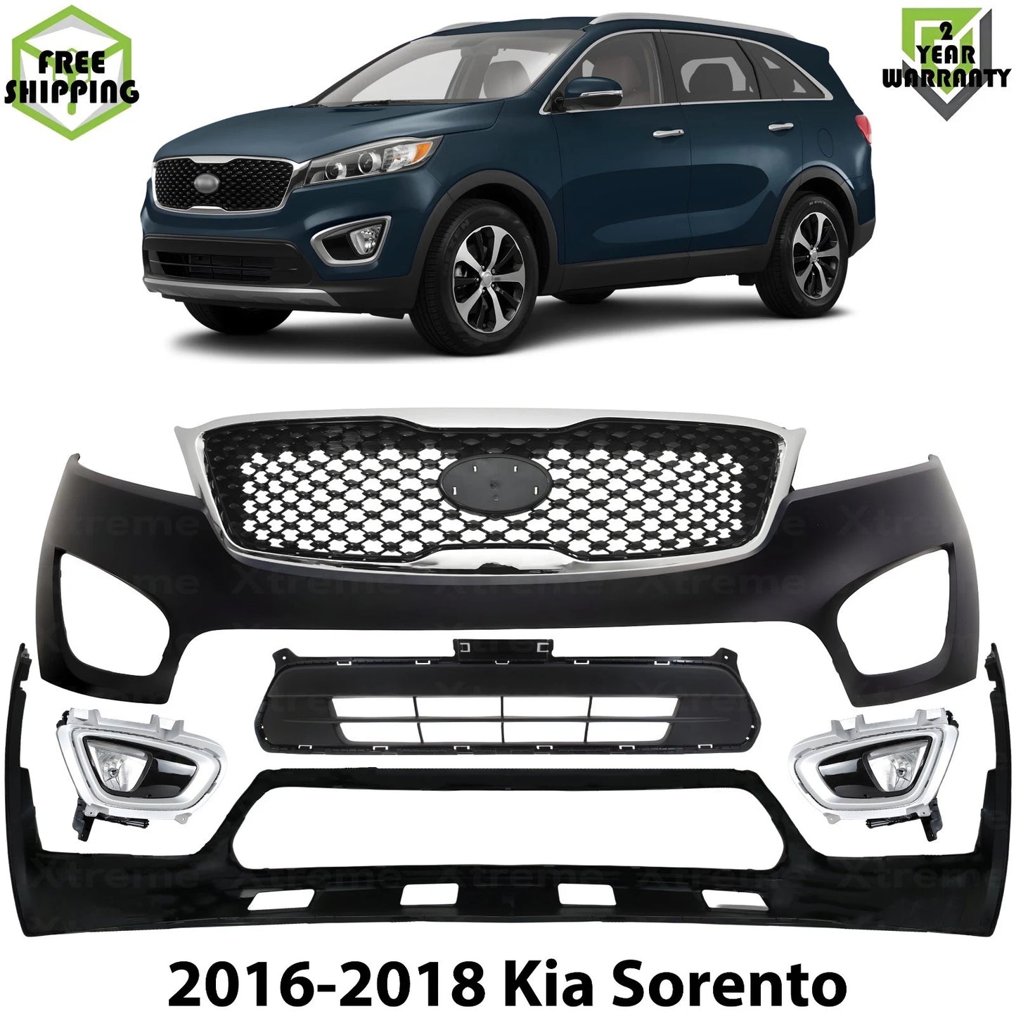 Front Bumper Cover Primed Plastic & Fog Lights Kit Fits 2016-2018 Kia Sorento