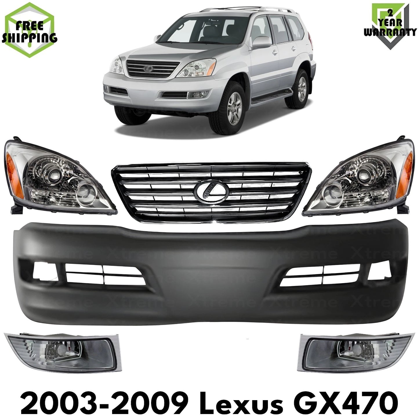 Front Bumper Cover Primed Plastic & Headlights Assembly Fits 2003-09 Lexus GX47