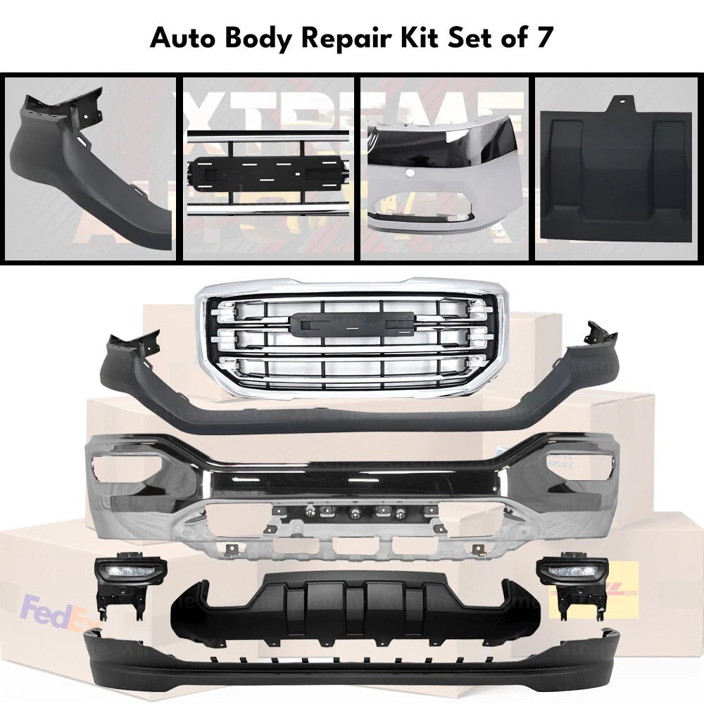 Front Bumper Chrome & Fog Lights Assembly Kit Fits 2016-2018 GMC Sierra 1500
