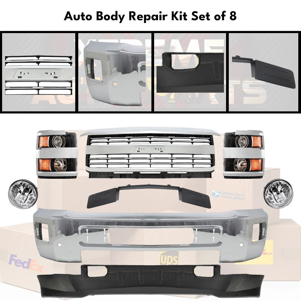 Bumper Chrome & Headlight Kit For 2015-2019 Chevrolet Silverado 2500 HD 3500 HD