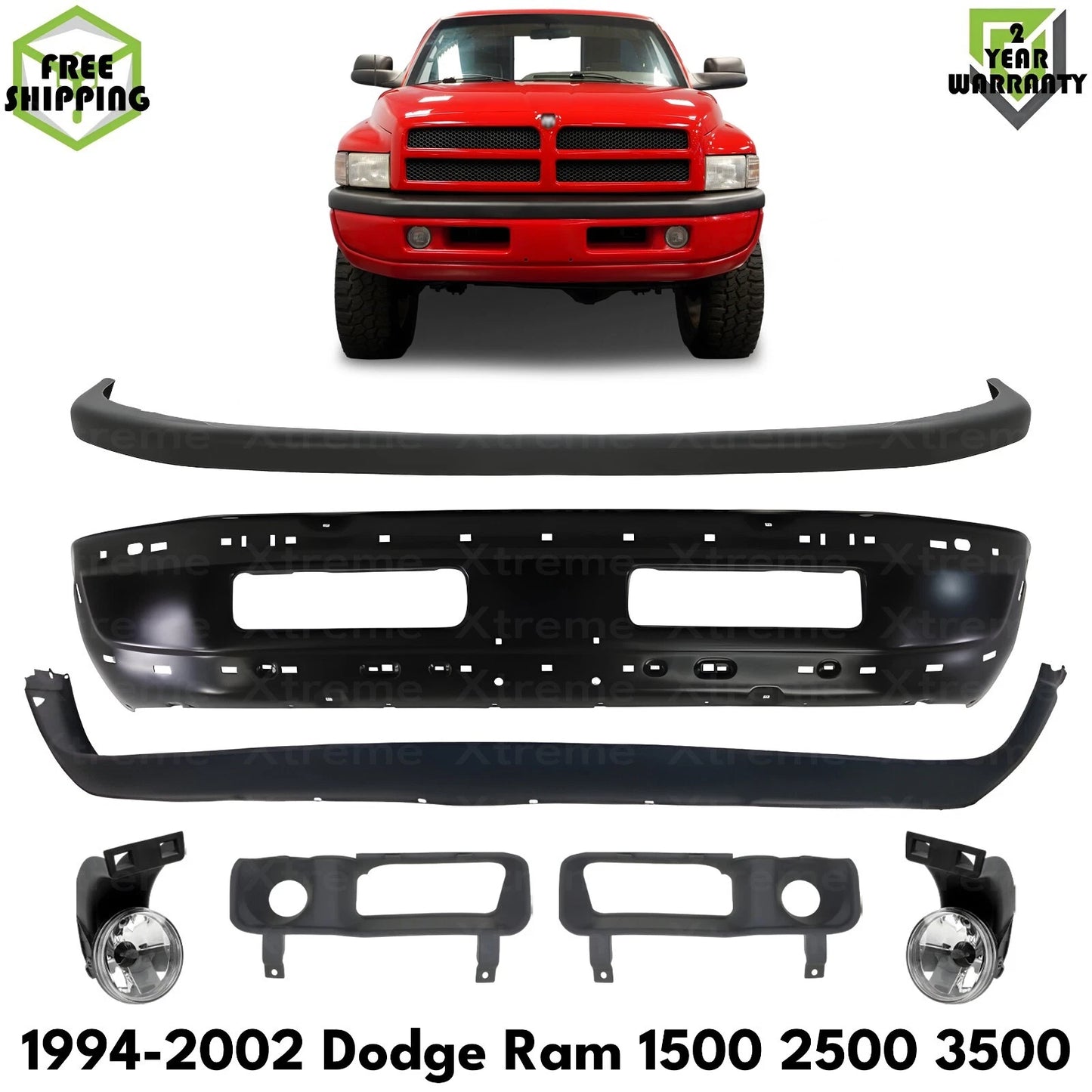 Front Bumper Primed Steel & Fog Lights Kit Fits 1994-2002 Dodge Ram 1500 2500