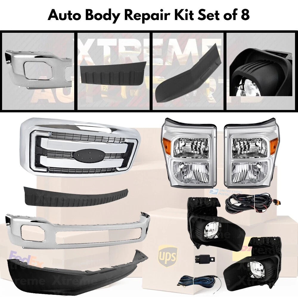 Front Bumper Chrome & Headlights Kit Fits 2011-2016 Ford F-Series Super Duty