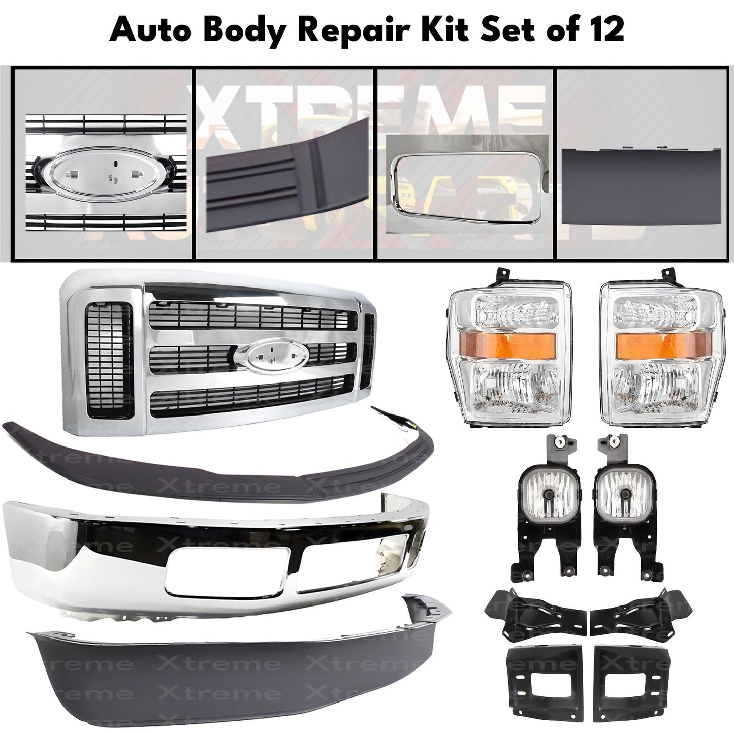 Front Bumper Chrome Steel & Headlights Fits 2008-10 Ford F-250 F-350 Super Duty