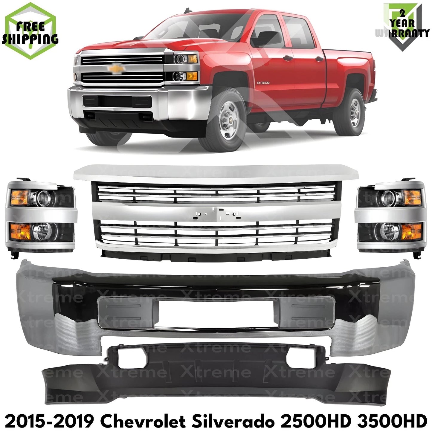 Front Bumper Chrome & Headlight Kit Fits 2015-19 Chevy Silverado 2500 HD 3500 HD