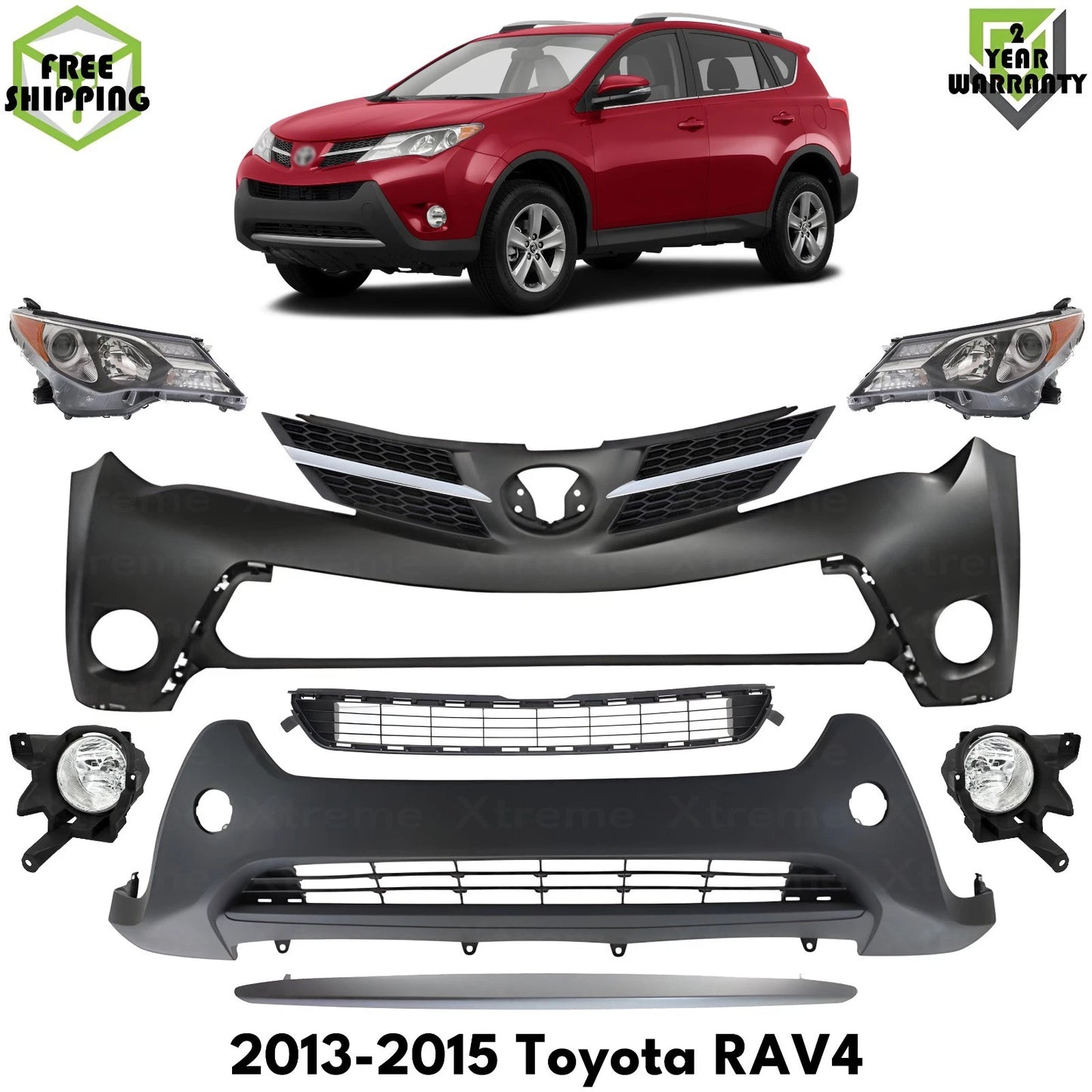 Front Bumper Cover Primed Plastic & Headlights Kit Fits 2013-2015 Toyota RAV4