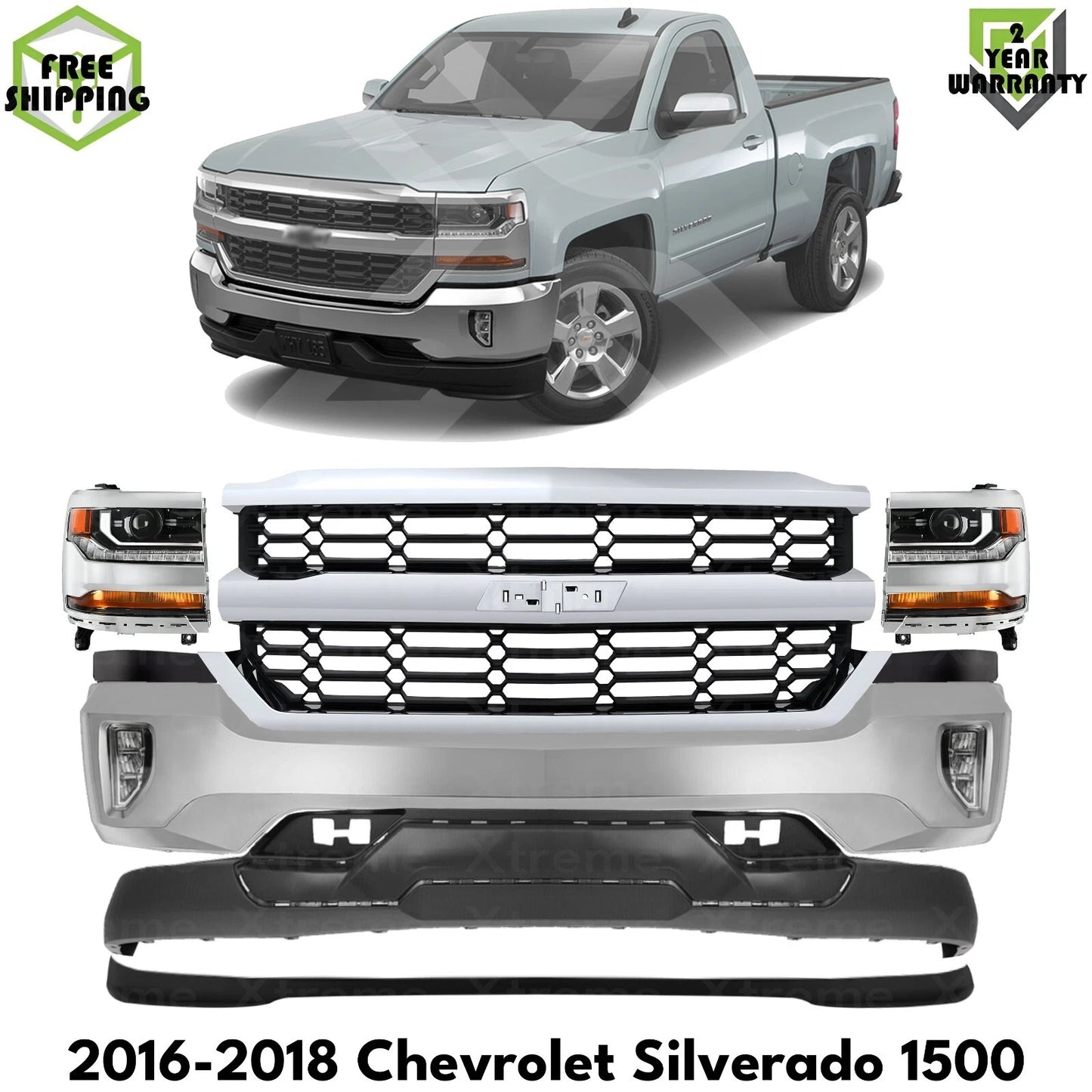Front Bumper Chrome & Headlight Kit Fits 2016-2018 Chevrolet Silverado 1500