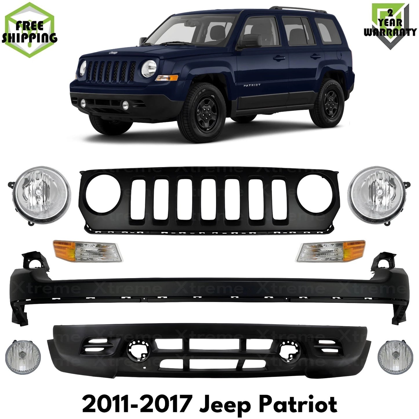 Front Bumper Cover Primed Plastic & Headlights Kit Fits 2011-2017 Jeep Patriot