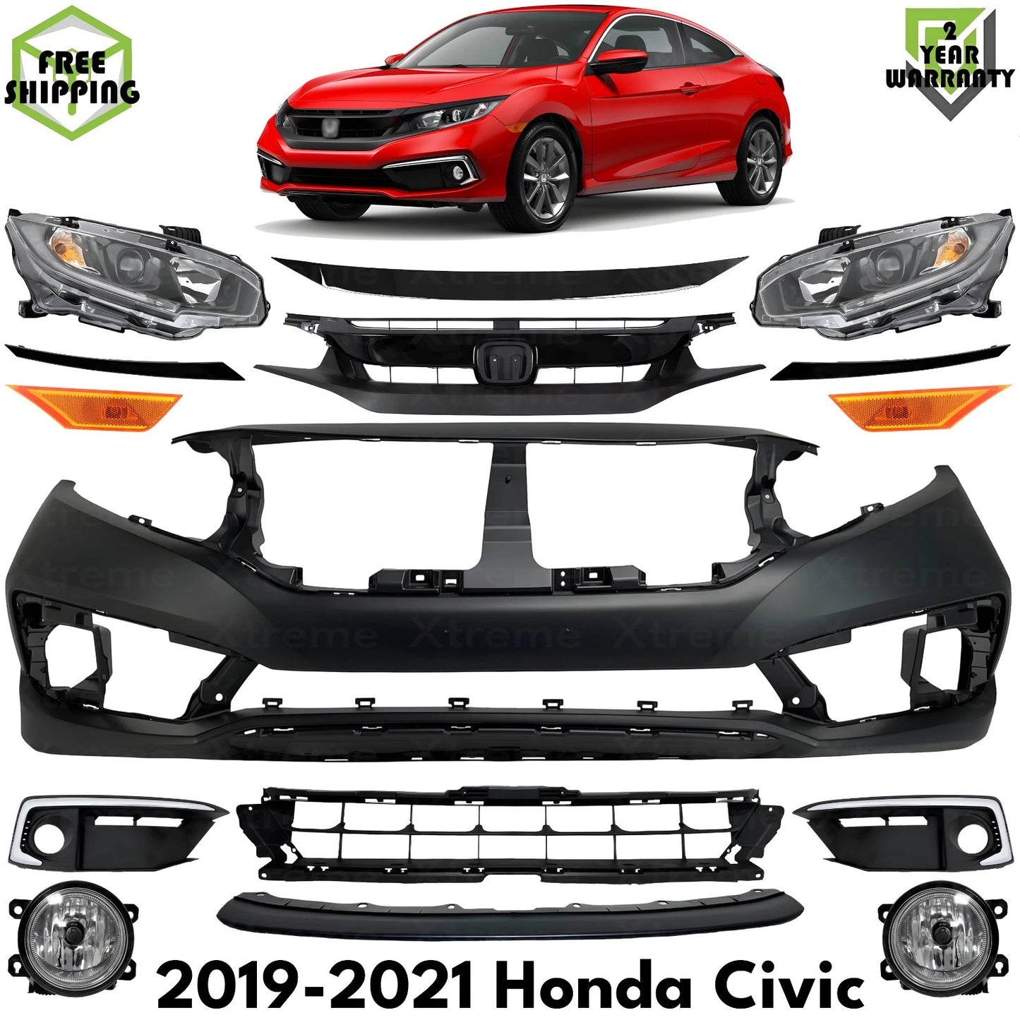 Front Bumper Cover Primed Plastic & Headlights Kit Fits 2019-2021 Honda Civic