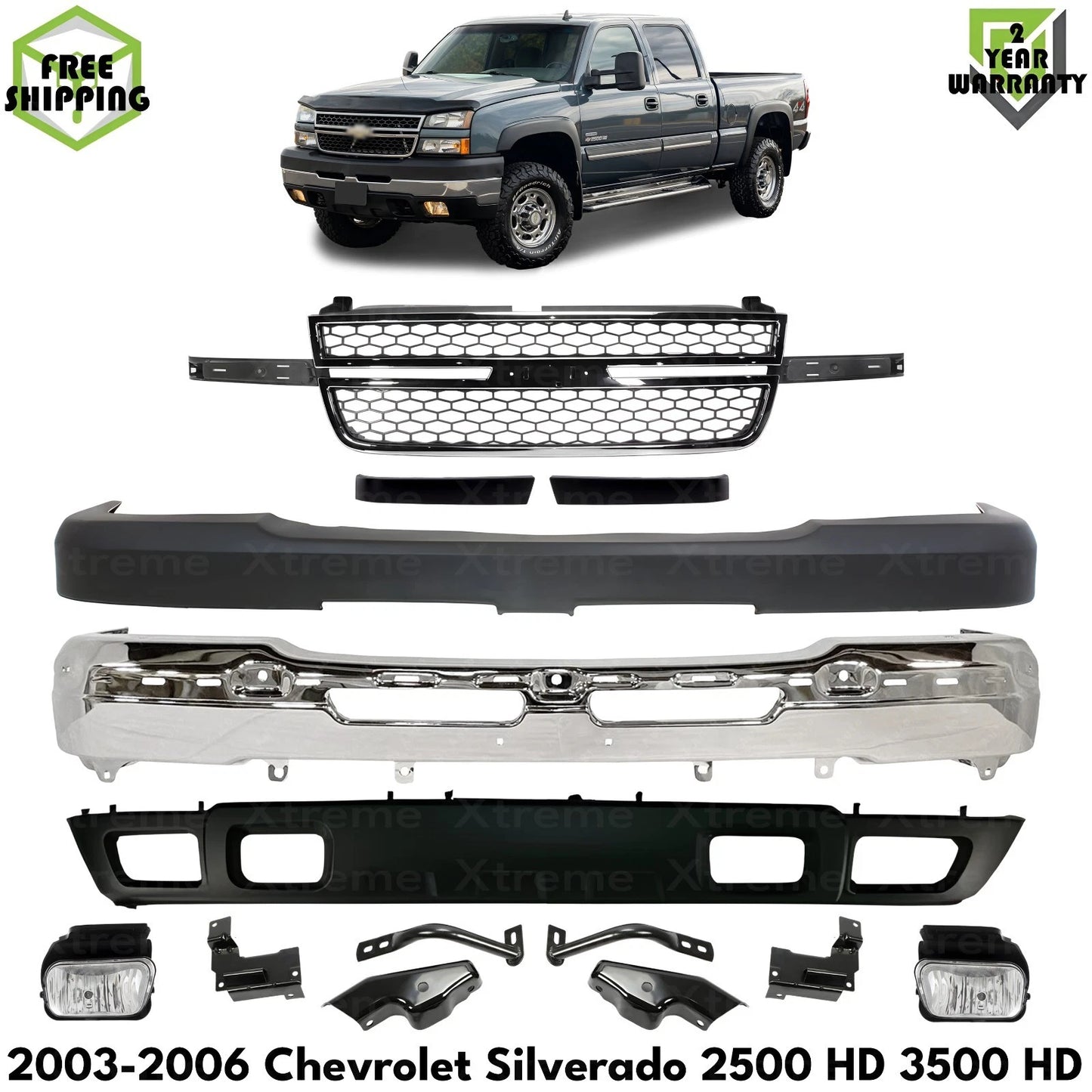 Front Bumper Chrome & Fog Lights Kit Fits 2003-2006 Chevy Silverado 2500 HD 3500