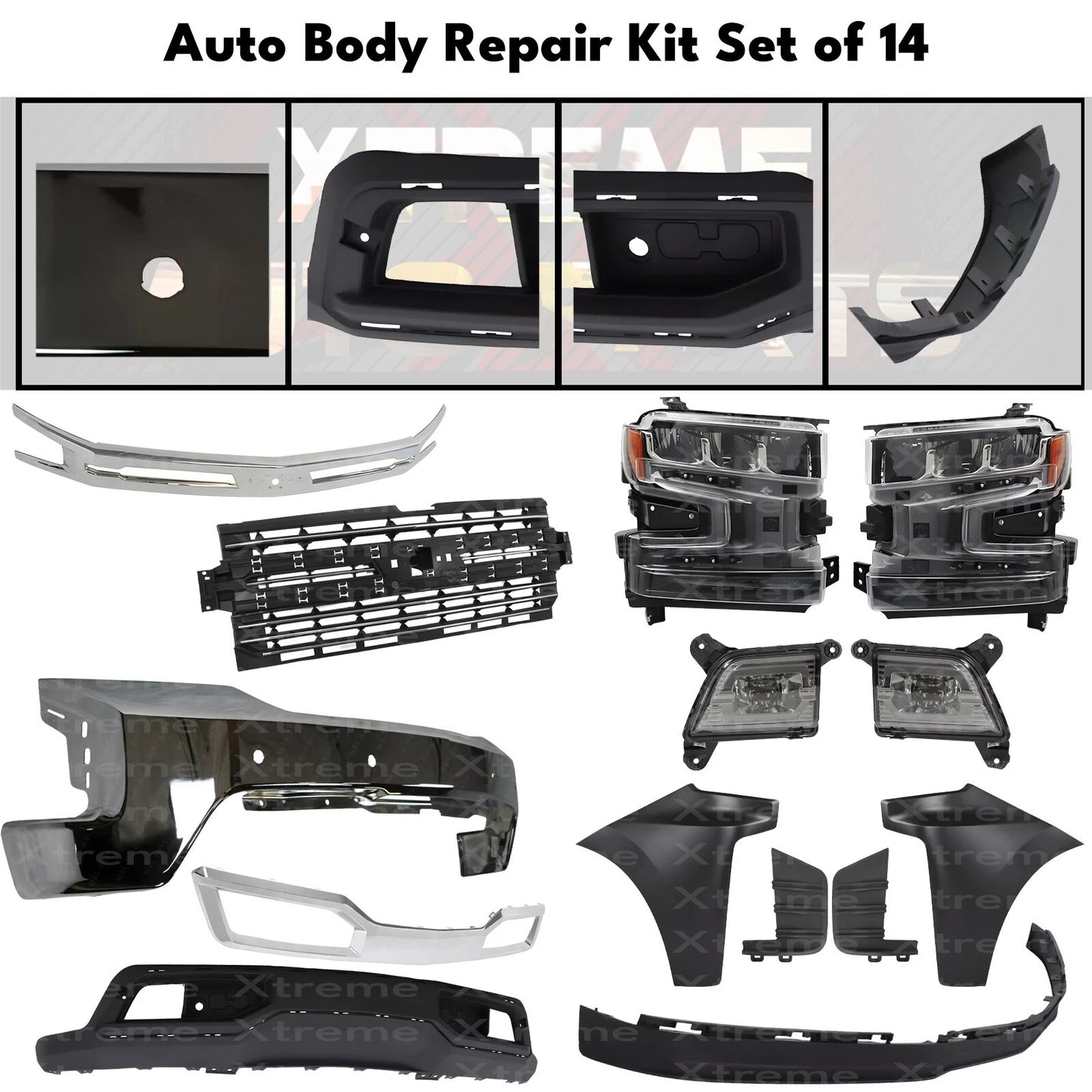 Front Bumper Chrome & Headlights Kit For 2019-2022 Chevrolet Silverado 1500