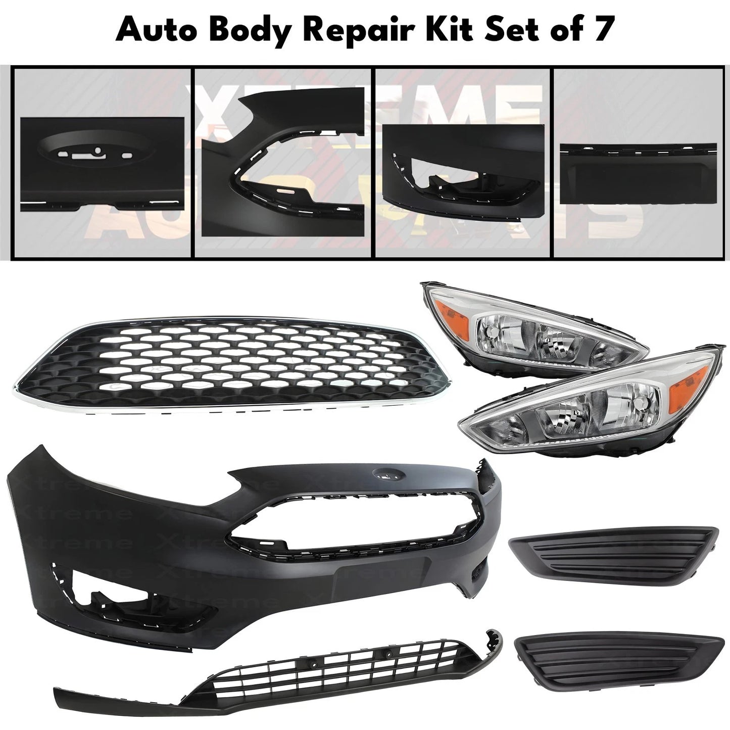 Front Bumper Cover Primed Plastic & Headlights Kit Fits 2015-2018 Ford Focus