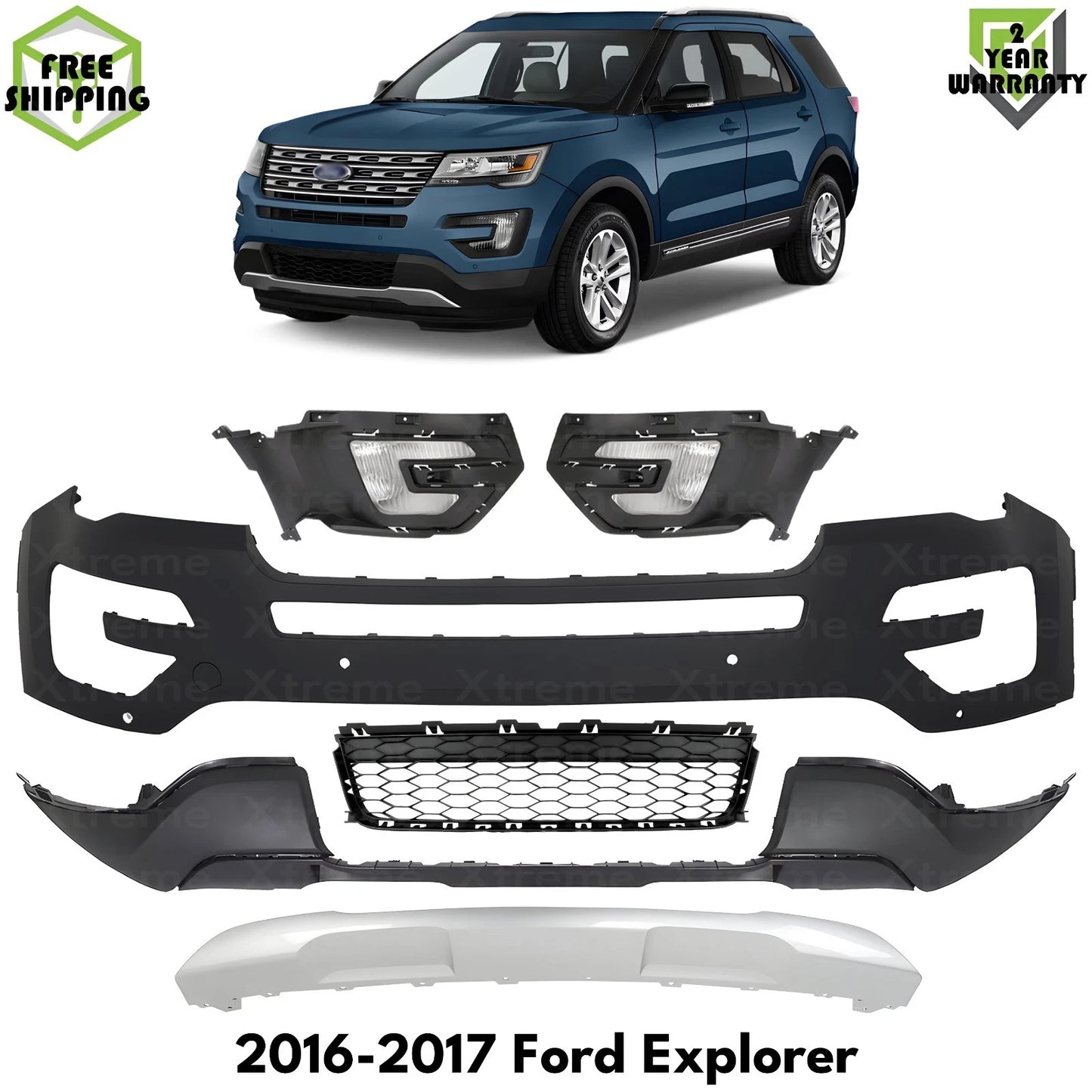 Front Bumper Cover Primed Plastic & Fog Lights Kit Fits 2016-2017 Ford Explorer