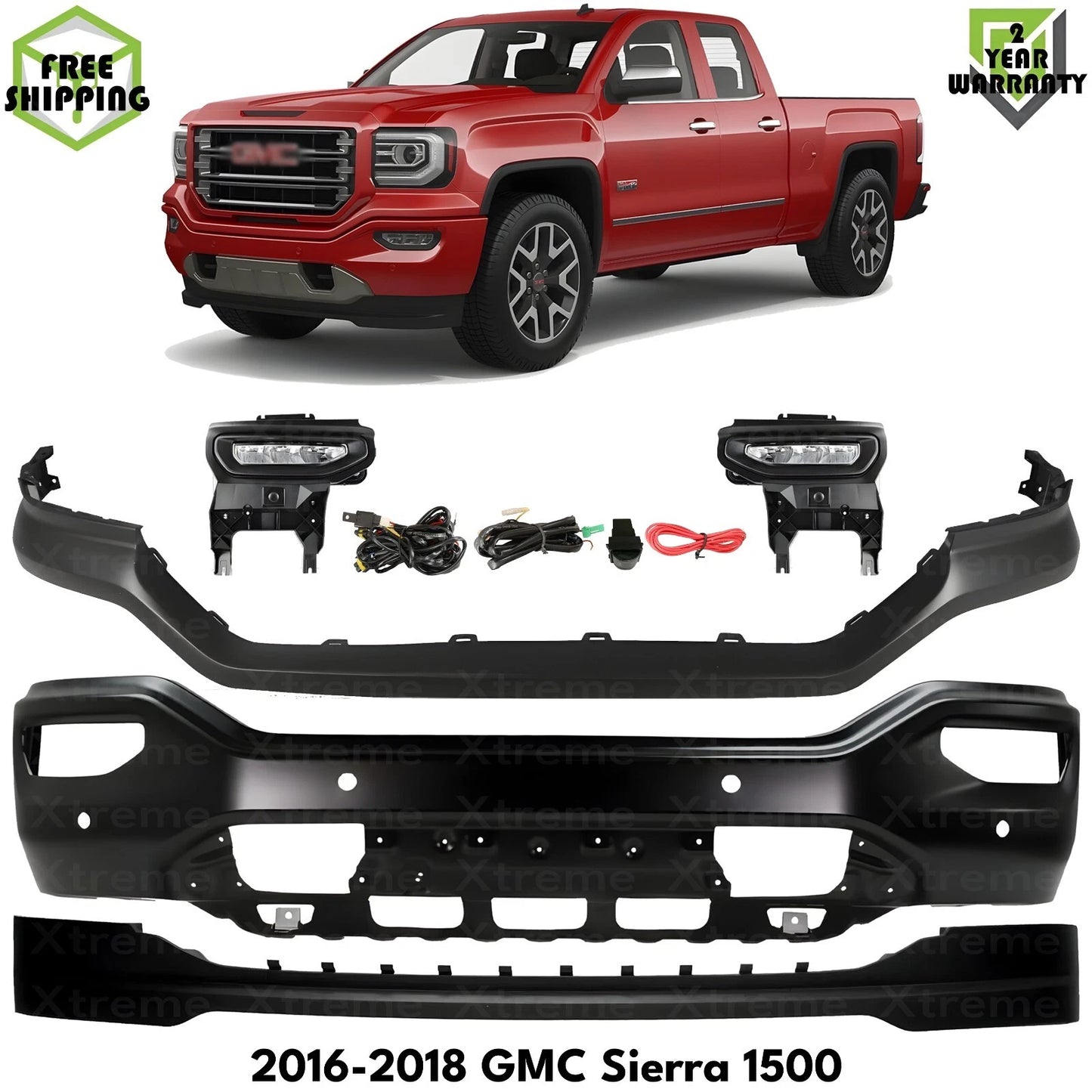 Front Bumper Paintable Steel & Fog Lights Kit Fits 2016-2018 GMC Sierra 1500