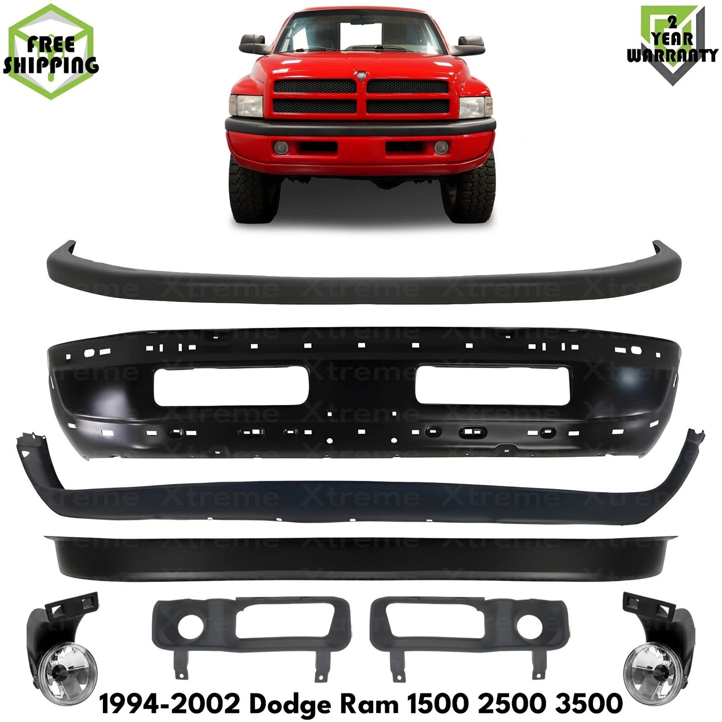 Front Bumper Primed Steel & Fog Lights Kit For 1994-2002 Dodge Ram 1500 2500