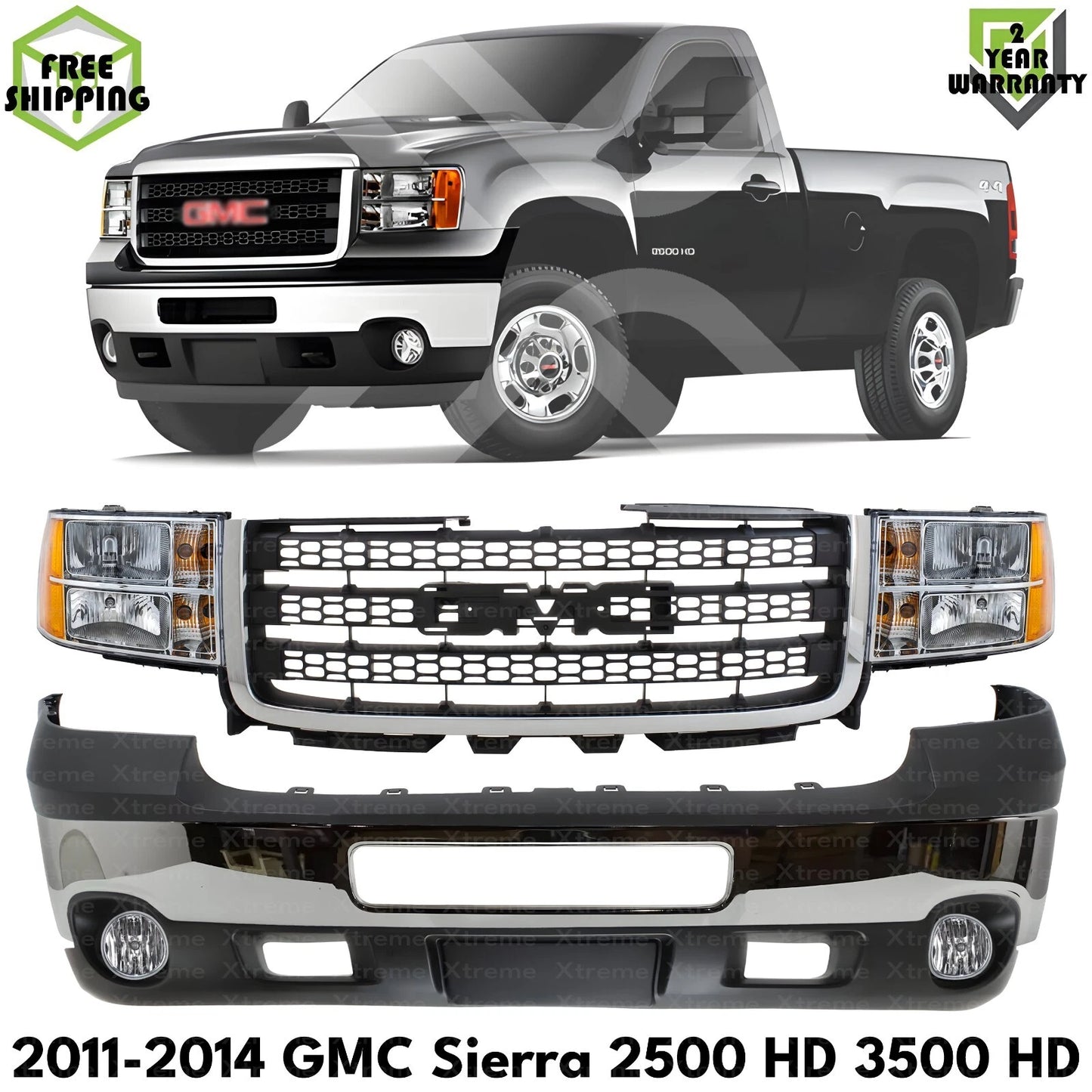 Front Bumper Chrome & Headlights Kit Fits 2011-2014 GMC Sierra 2500 HD & 3500 HD