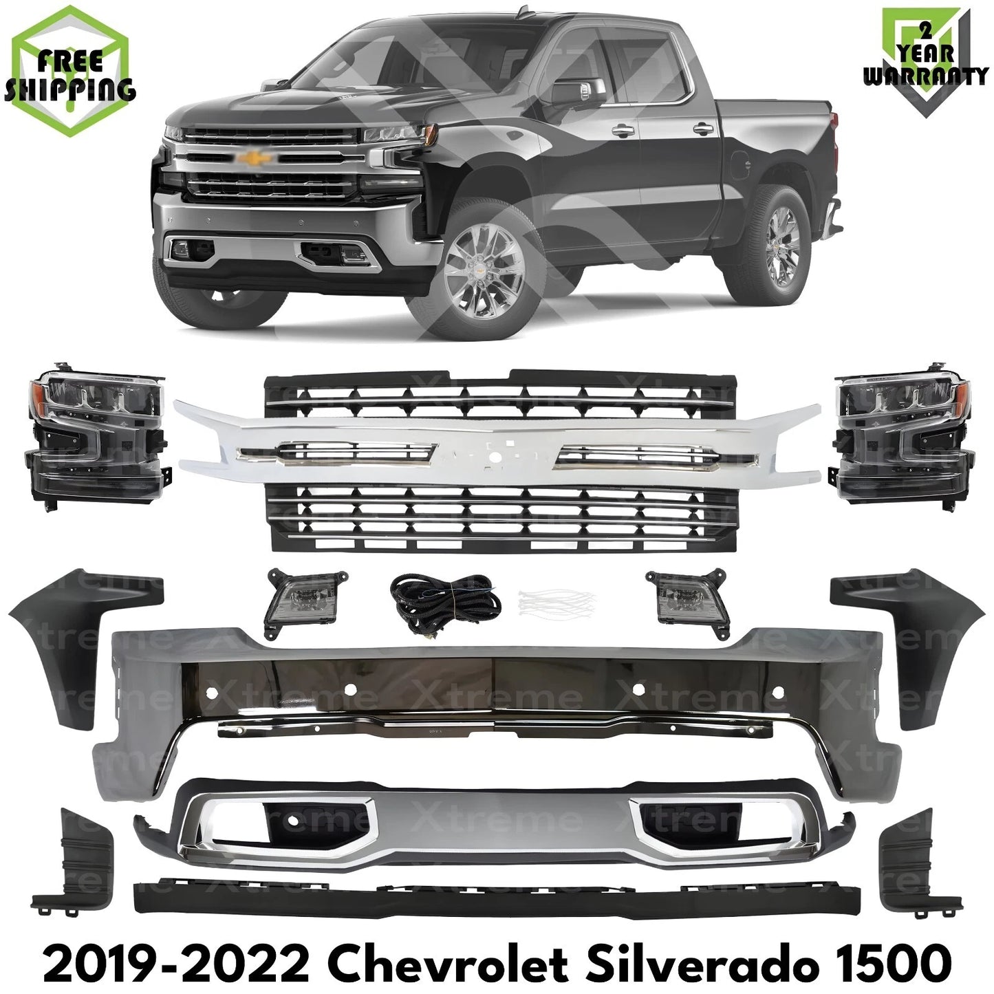 Front Bumper Chrome & Headlights Kit For 2019-2022 Chevrolet Silverado 1500