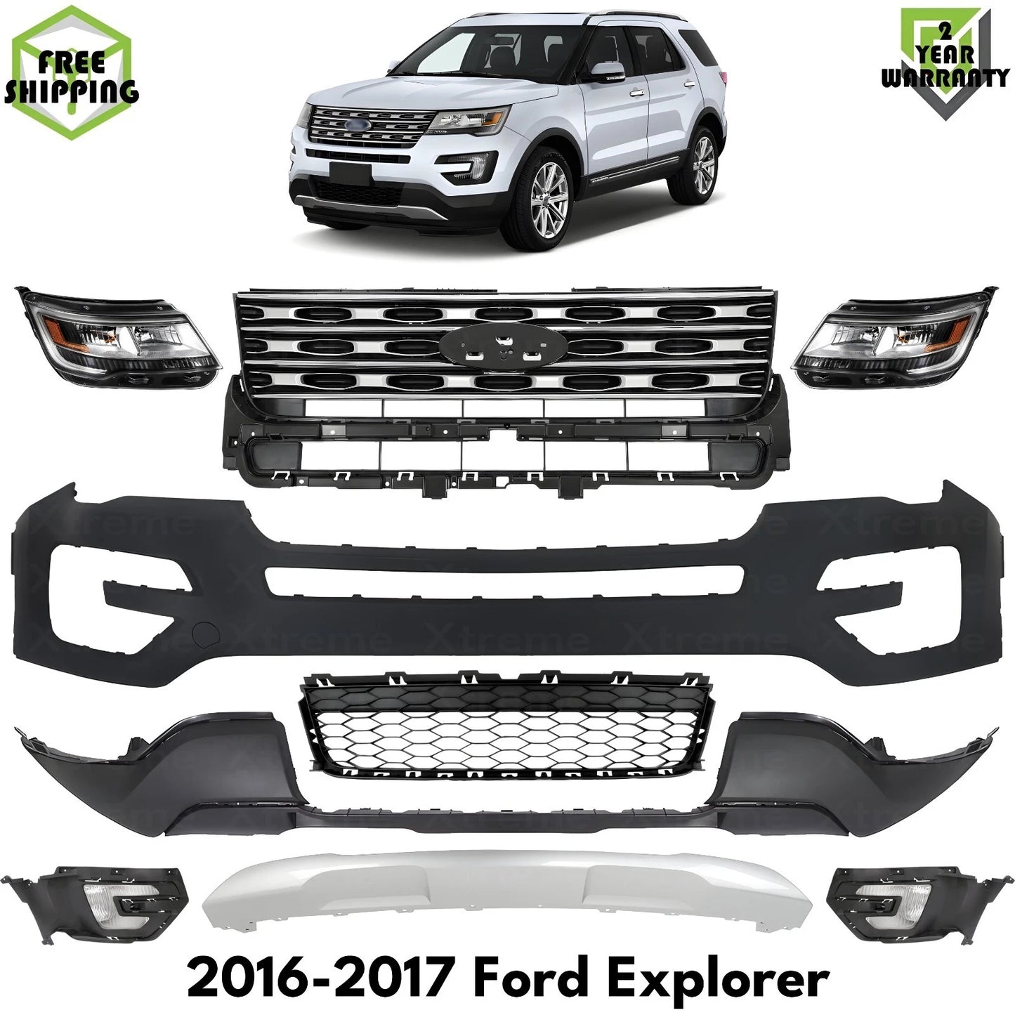 Front Bumper Cover Primed & Headlights Assembly Kit For 2016-2017 Ford Explorer