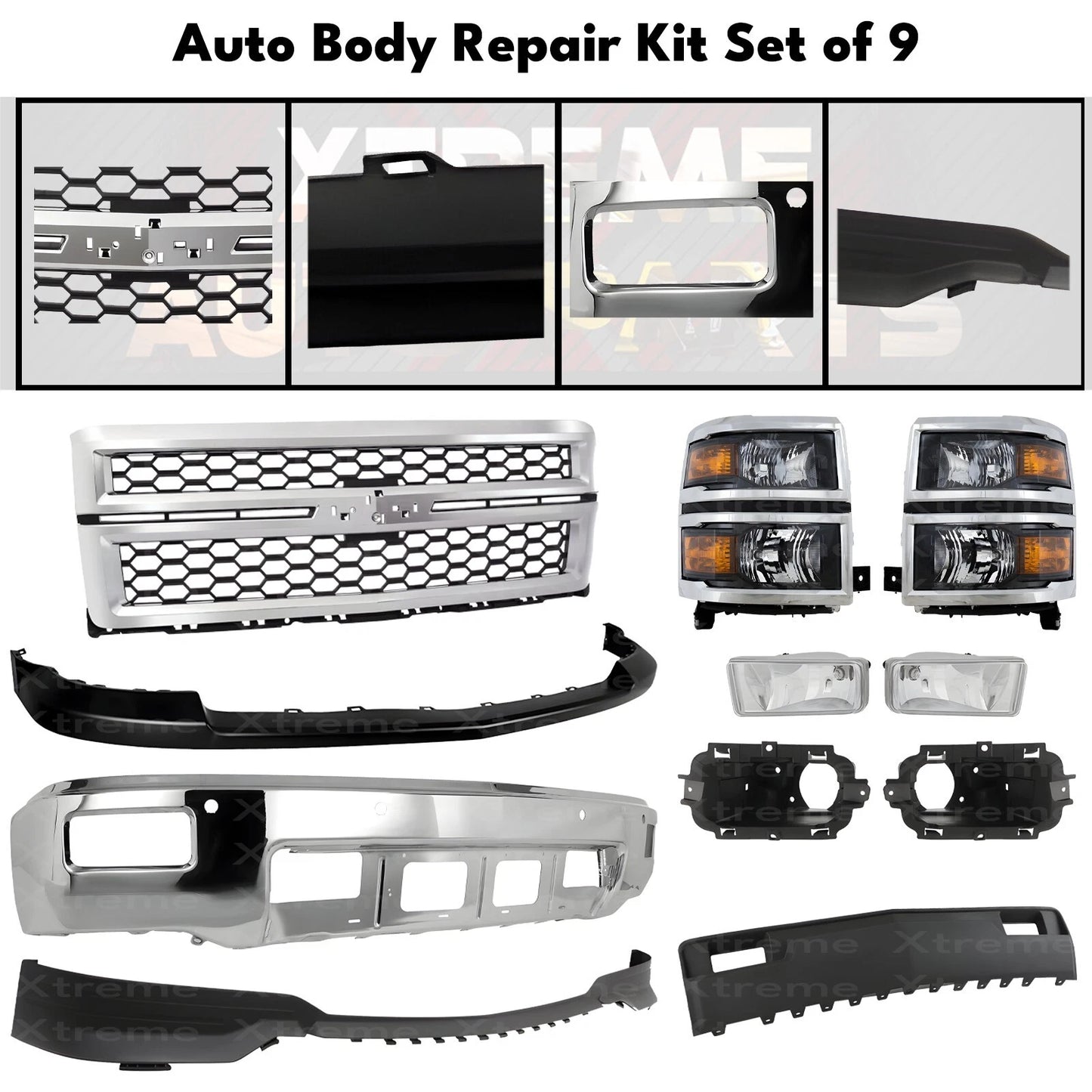 Front Bumper Chrome Steel & Headlight Kit For 2014-2015 Chevrolet Silverado 1500