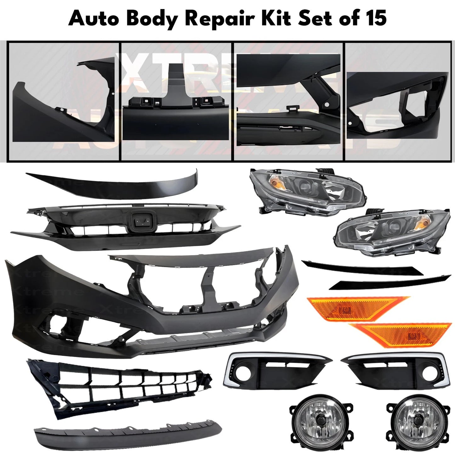 Front Bumper Cover Primed Plastic & Headlights Kit Fits 2019-2021 Honda Civic