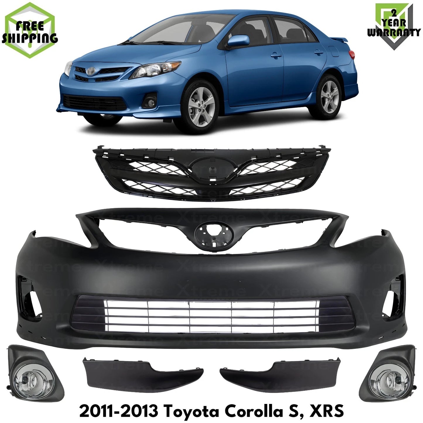 Front Bumper Cover Paintable & Grille Assembly Kit Fits 2011-2013 Toyota Corolla