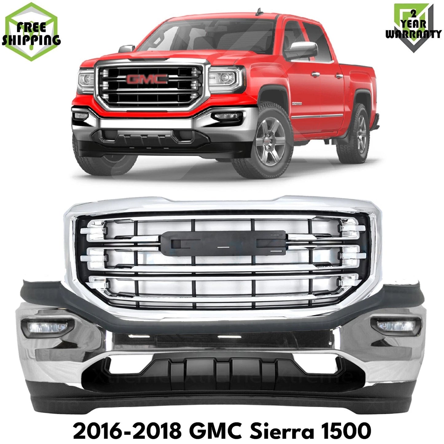 Front Bumper Chrome & Fog Lights Assembly Kit Fits 2016-2018 GMC Sierra 1500