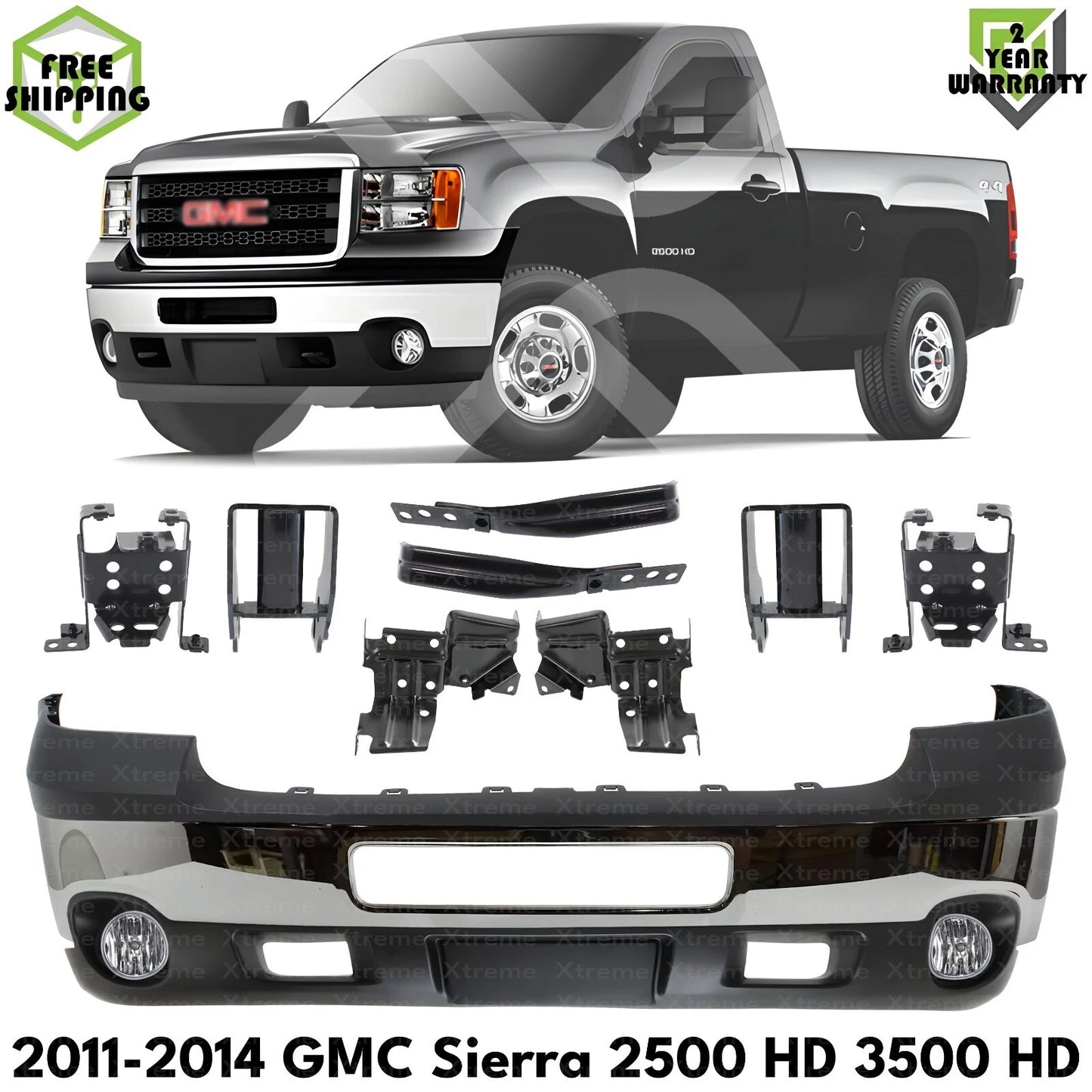 Front Bumper Chrome & Brackets Kit Fits 2011-2014 GMC Sierra 2500 HD & 3500 HD