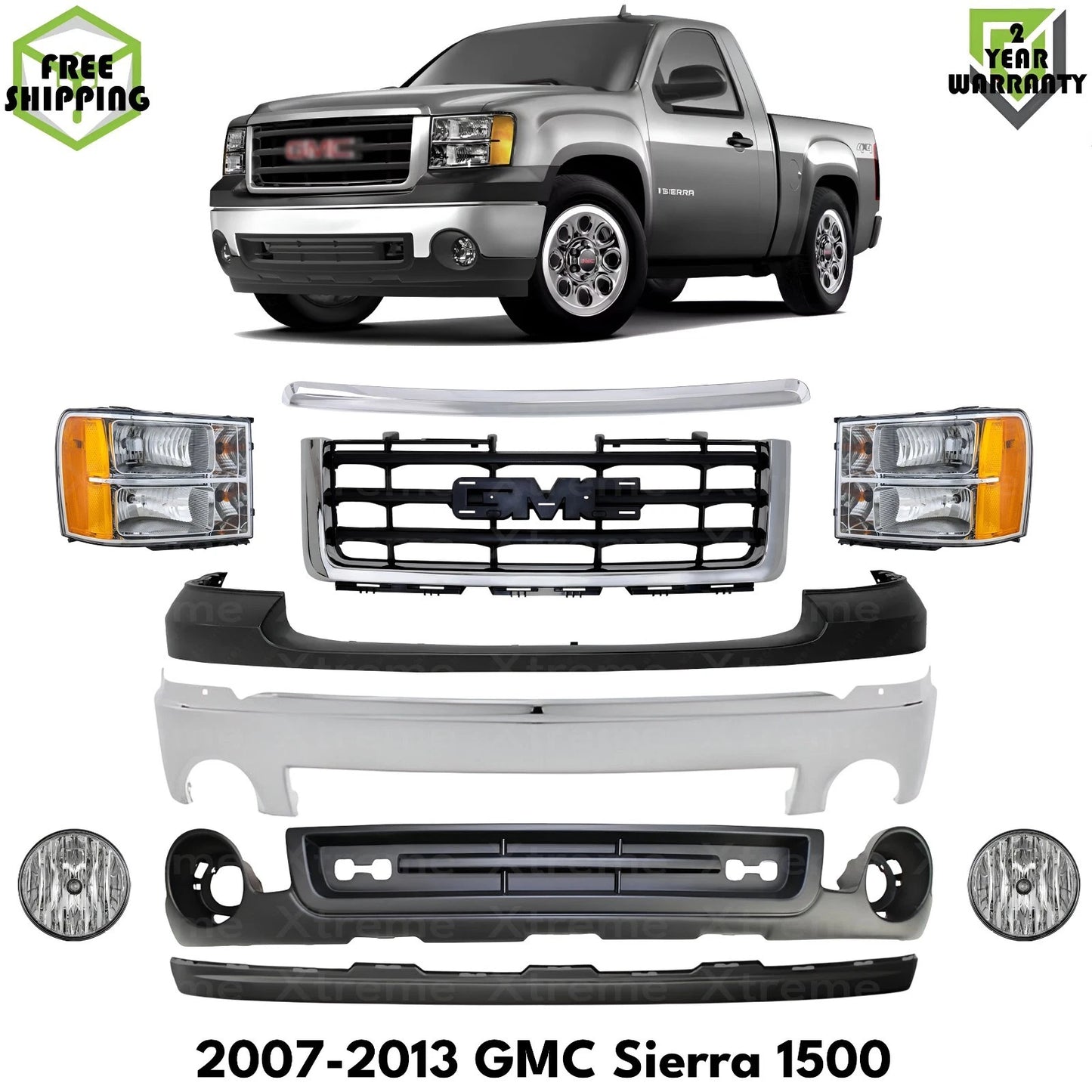 Front Bumper Chrome & Headlights Assembly Kit Fits 2007-2013 GMC Sierra 1500