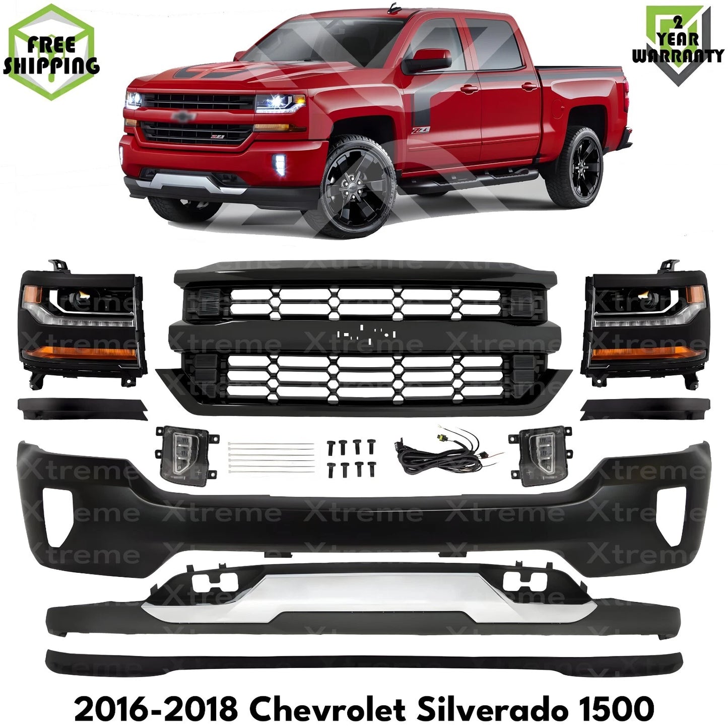 Front Bumper Primed & Headlights Assembly Kit For 2016-2018 Chevy Silverado 1500