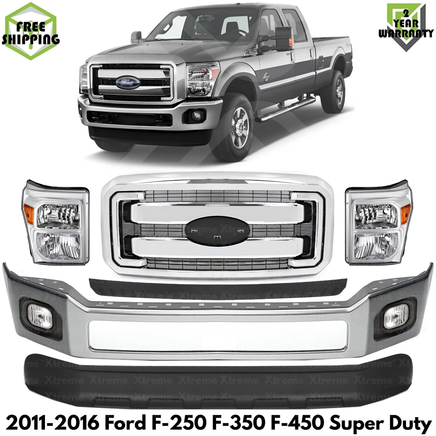 Front Bumper Chrome & Headlights Kit Fits 2011-2016 Ford F-Series Super Duty