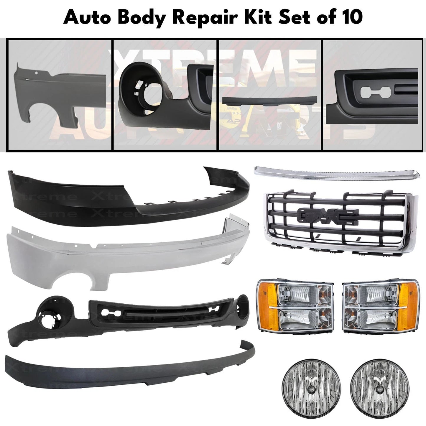 Front Bumper Chrome & Headlights Assembly Kit Fits 2007-2013 GMC Sierra 1500