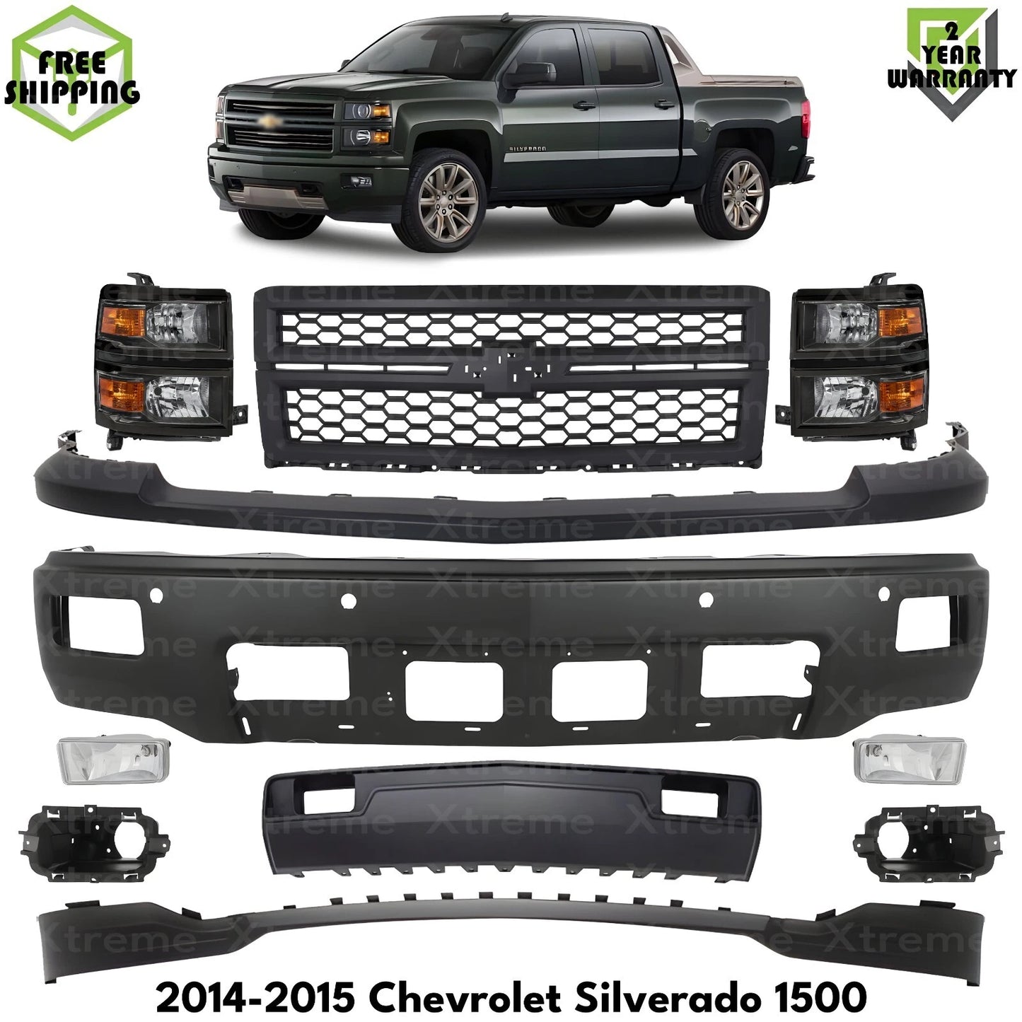 Front Bumper Paintable & Headlights Kit Fits 2014-2015 Chevrolet Silverado 1500