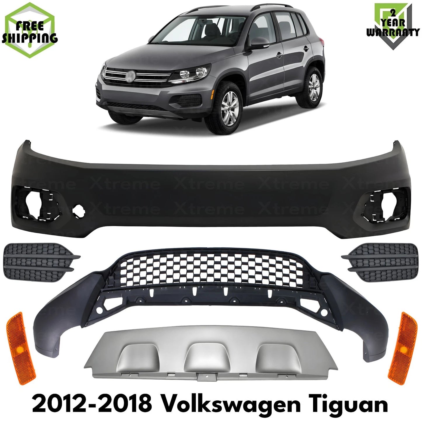 Front Bumper Cover Primed & Fog Lights Cover Kit For 2012-2018 Volkswagen Tiguan