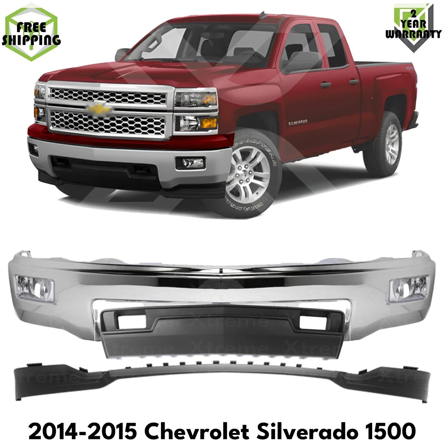 Front Bumper Chrome & Fog Lights Kit For 2014-2015 Chevrolet Silverado 1500
